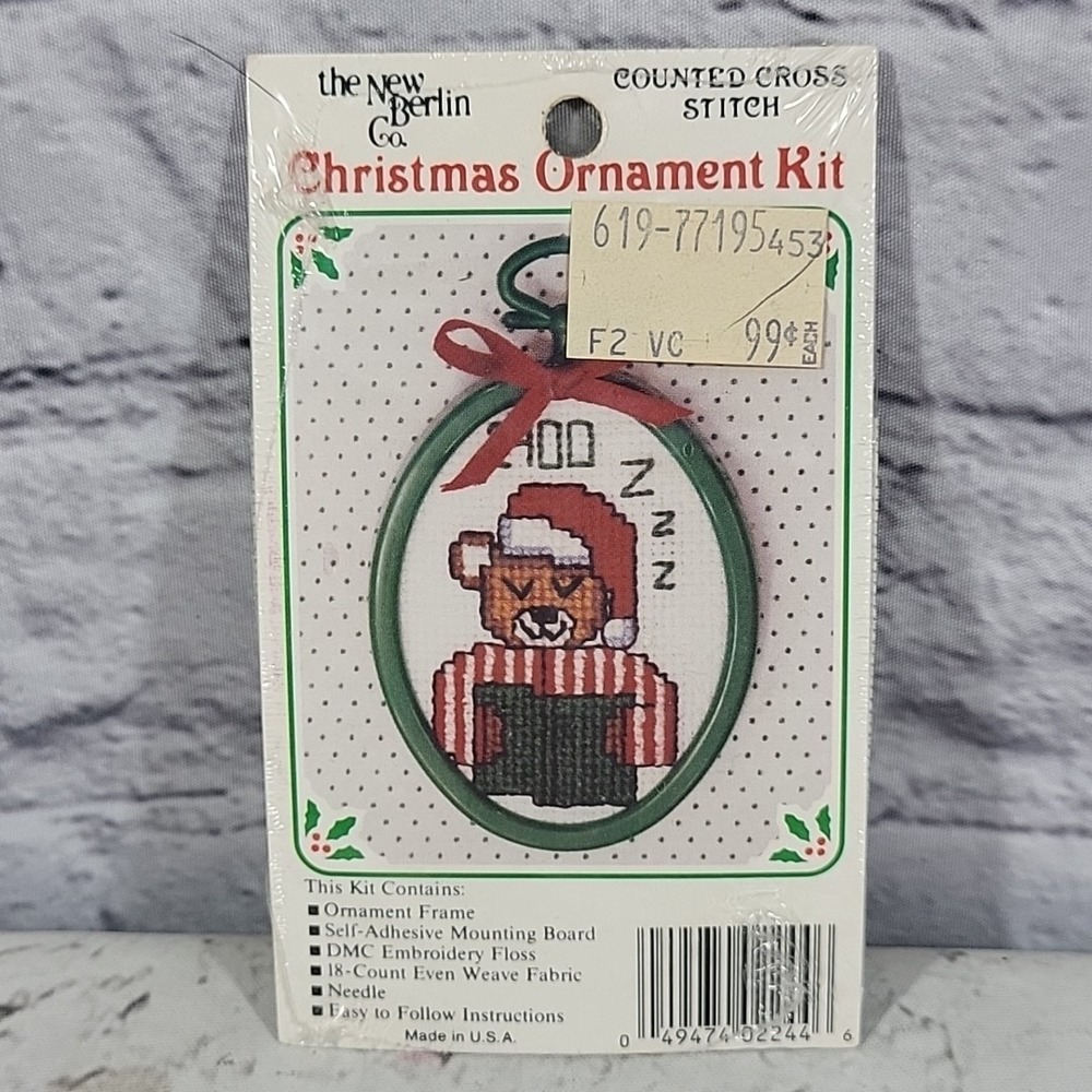 Vintage Counted Cross Stitch Christmas Ornament Kit Sleepy Teddy Bear USA NOS